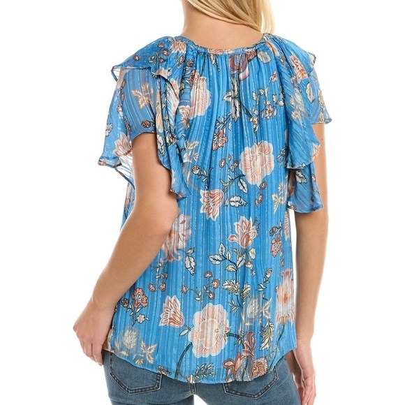 Ramy Brook Printed Sue Ruffle Sleeve Top in Ocean - Picture 3 of 12